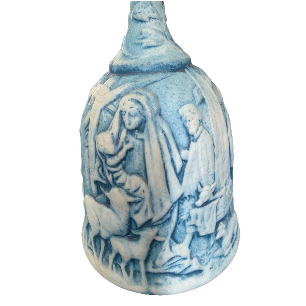 Fenton Blue Satin Glass Nativity Bell Signed C Evans Handmade Christmas